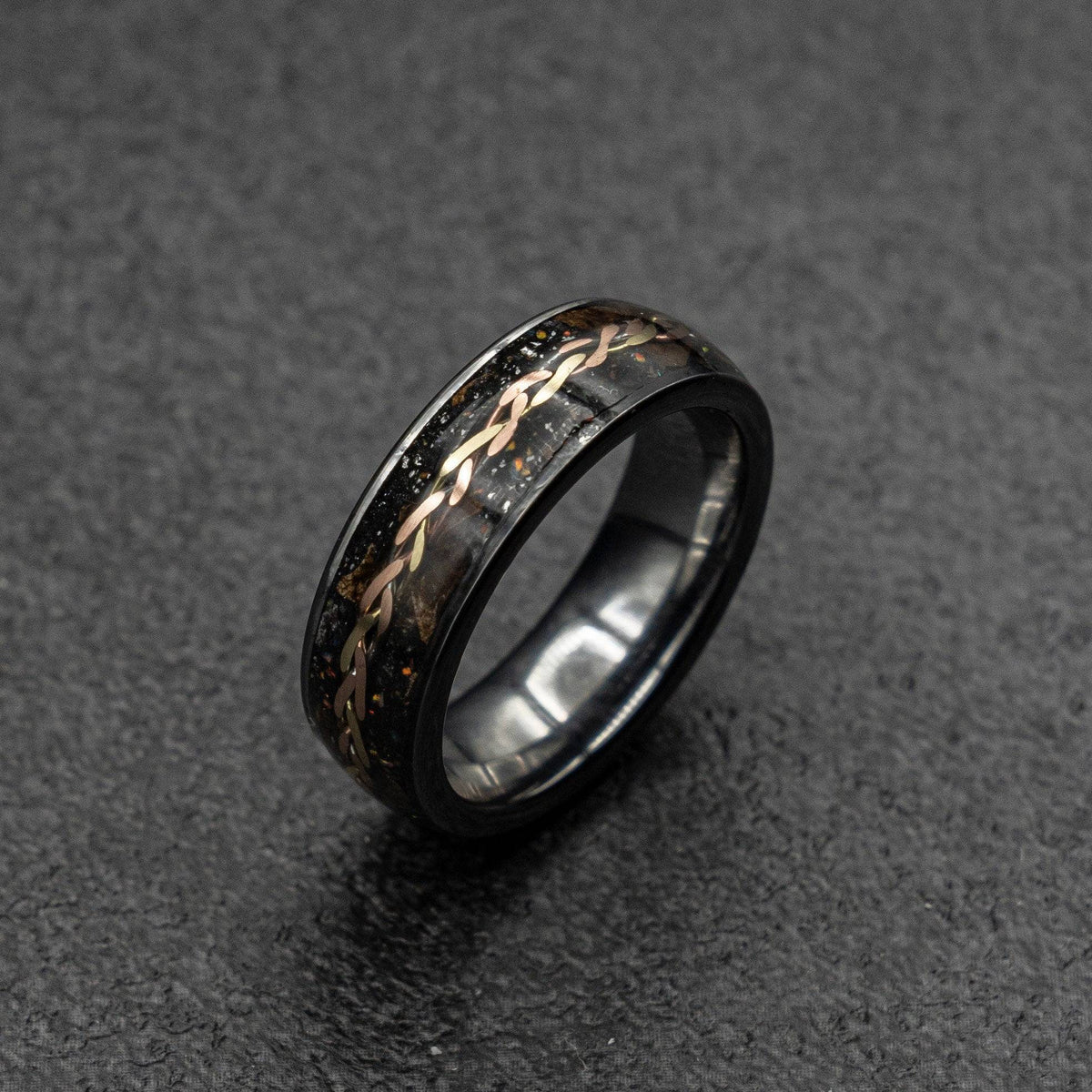 Flat tungsten ring with Triceratops, meteorite and golden wire braid