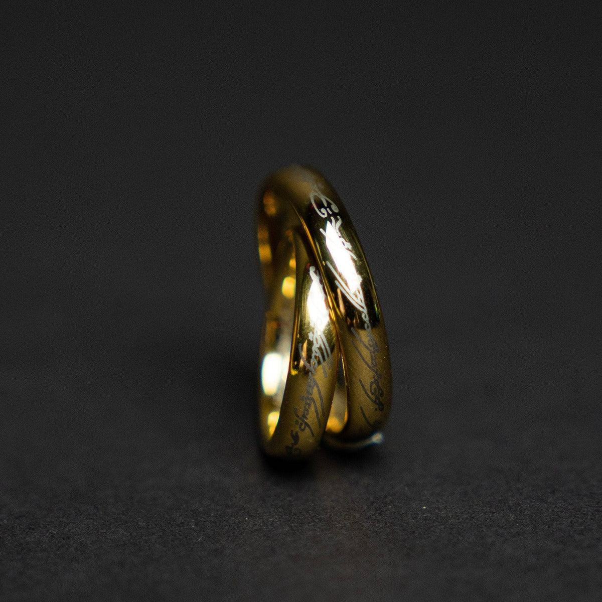 Golden Tungsten Engraved Ring with Elvish Language