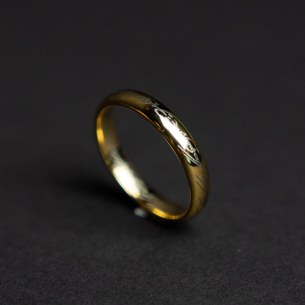 Golden Tungsten Engraved Ring with Elvish Language