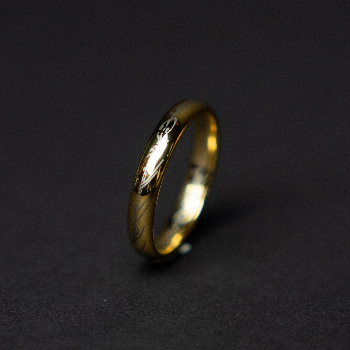 Golden Tungsten Engraved Ring with Elvish Language