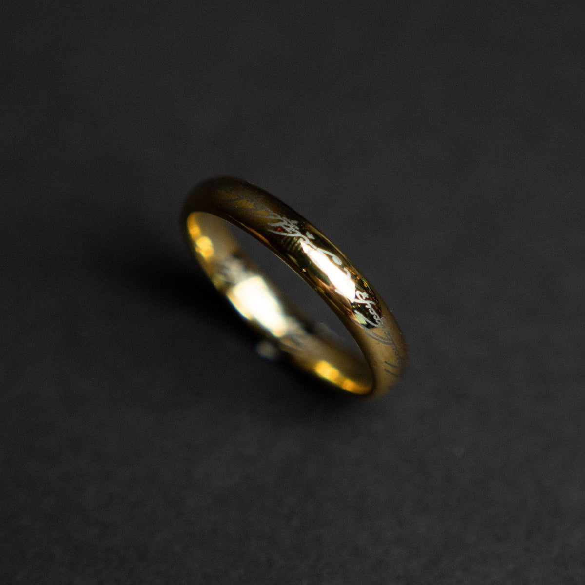 Golden Tungsten Engraved Ring with Elvish Language