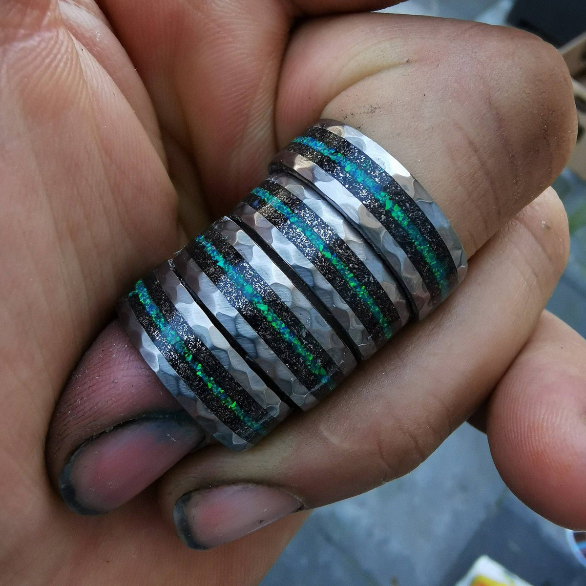 Hammered Meteorite & Green Opal Tungsten Ring