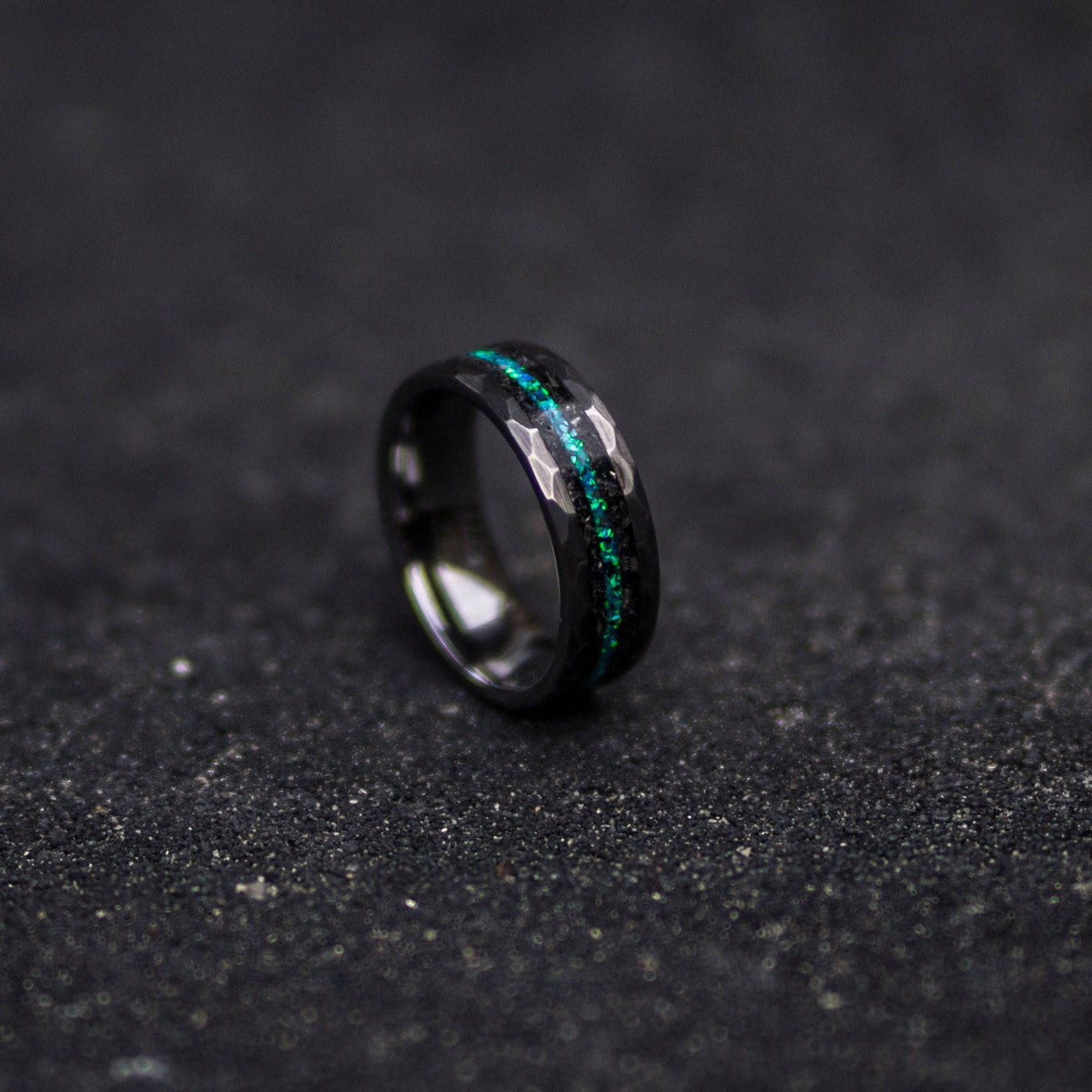 Hammered Meteorite & Green Opal Tungsten Ring