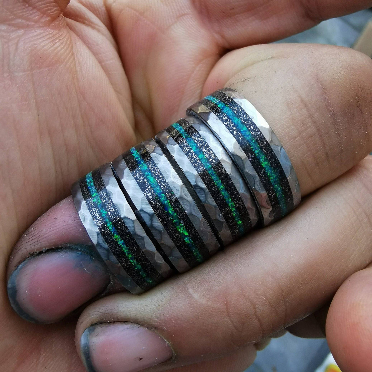 Hammered Meteorite & Green Opal Tungsten Ring