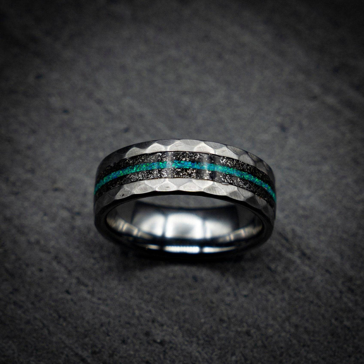 Hammered Meteorite & Green Opal Tungsten Ring