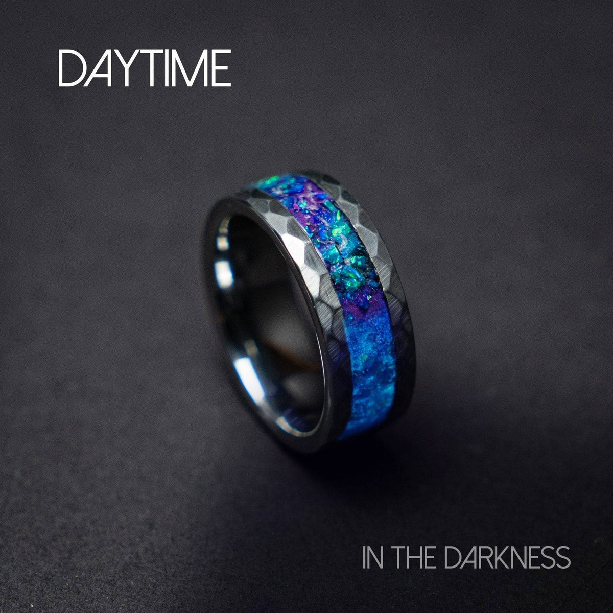 Hammered tungsten ring with galaxy opal