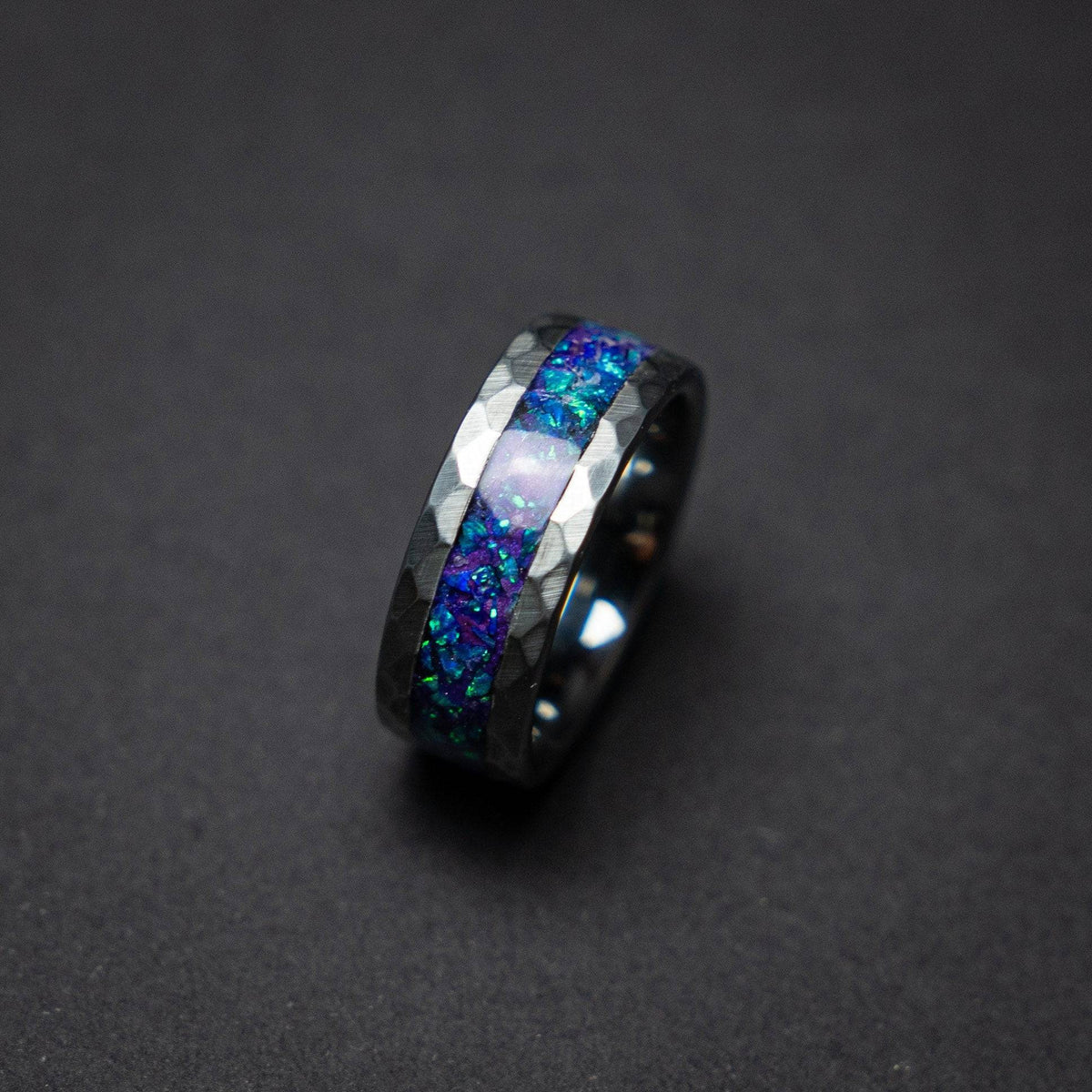 Hammered tungsten ring with galaxy opal