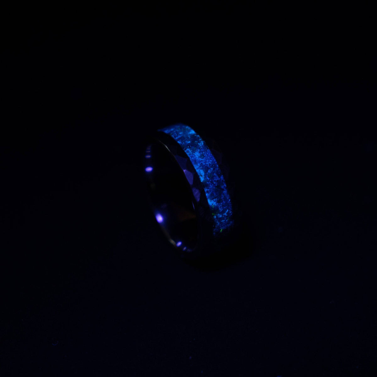 Hammered tungsten ring with galaxy opal