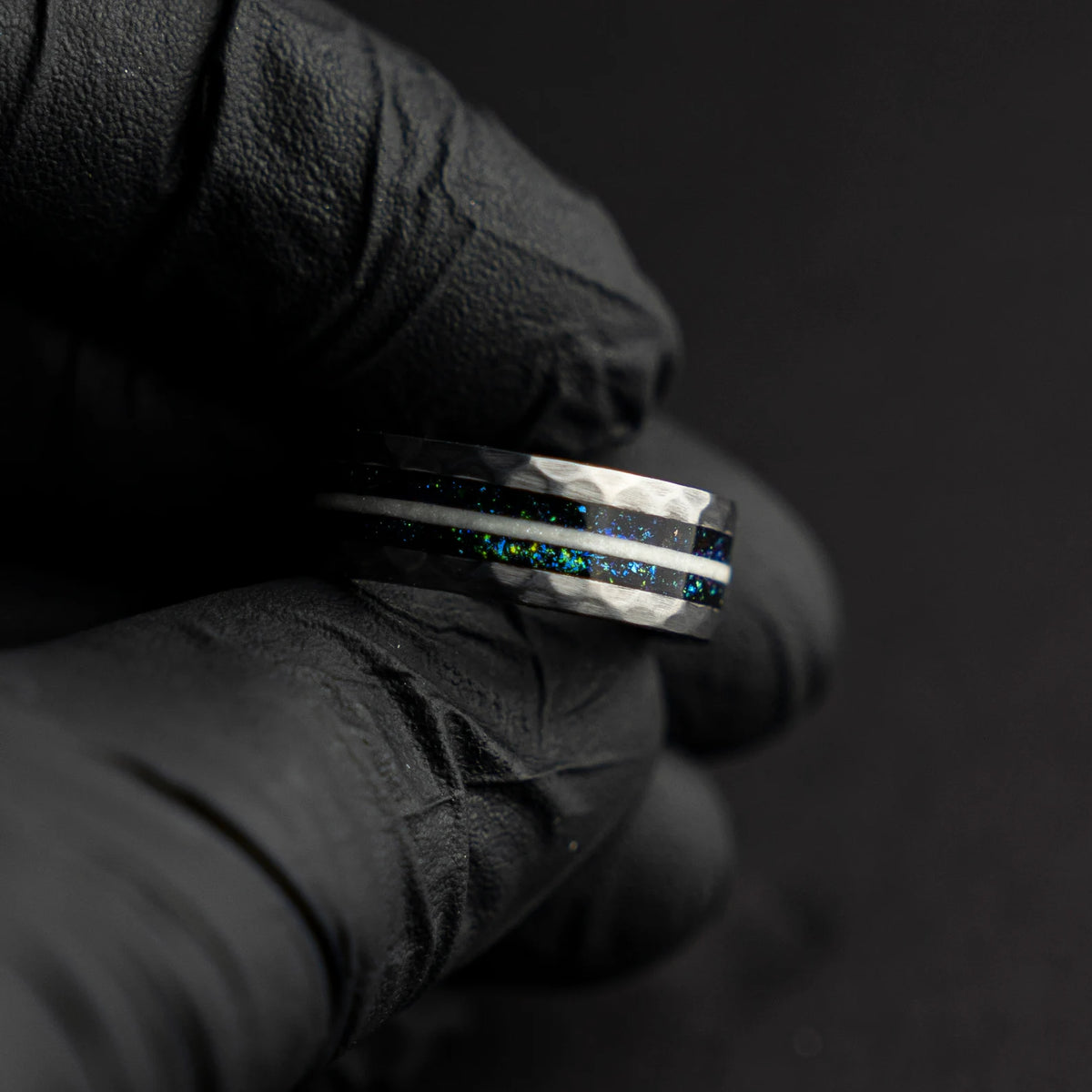 Hammered Ring with blue chameleon flakes & Moonstone Inlay - Decazi