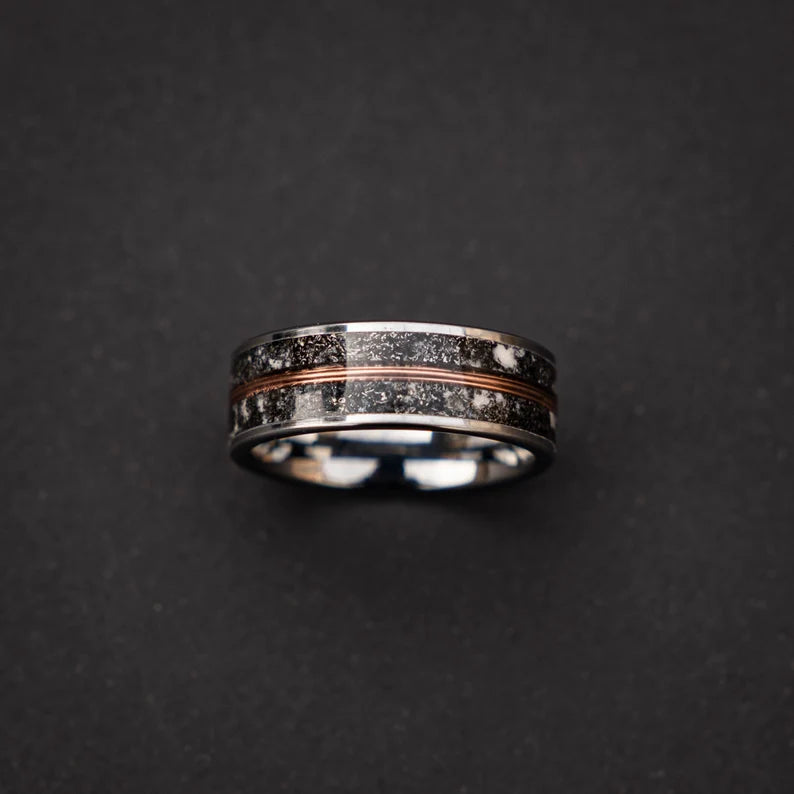 Glow in the dark tungsten ring with meteorite and 18k golden wire