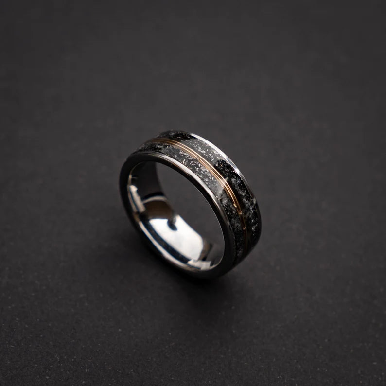 Glow in the dark tungsten ring with meteorite and 18k golden wire
