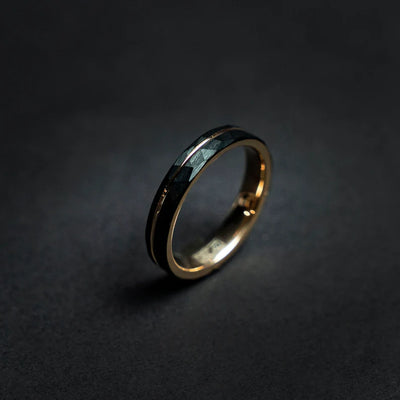 Hammered black tungsten rose gold ring