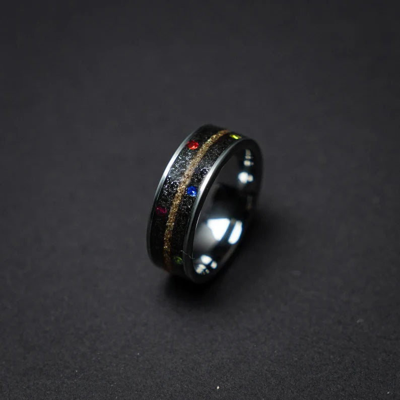 Tungsten ring with cubic zirconia stones, mokume gane and meteorite