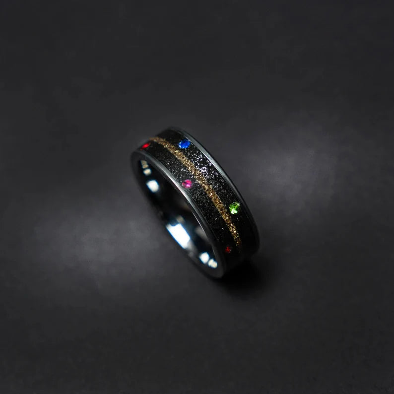Tungsten ring with cubic zirconia stones, mokume gane and meteorite