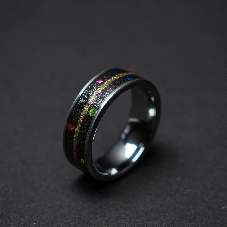 Tungsten ring with cubic zirconia stones, mokume gane and meteorite