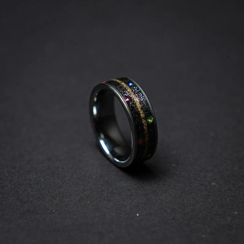 Tungsten ring with cubic zirconia stones, mokume gane and meteorite