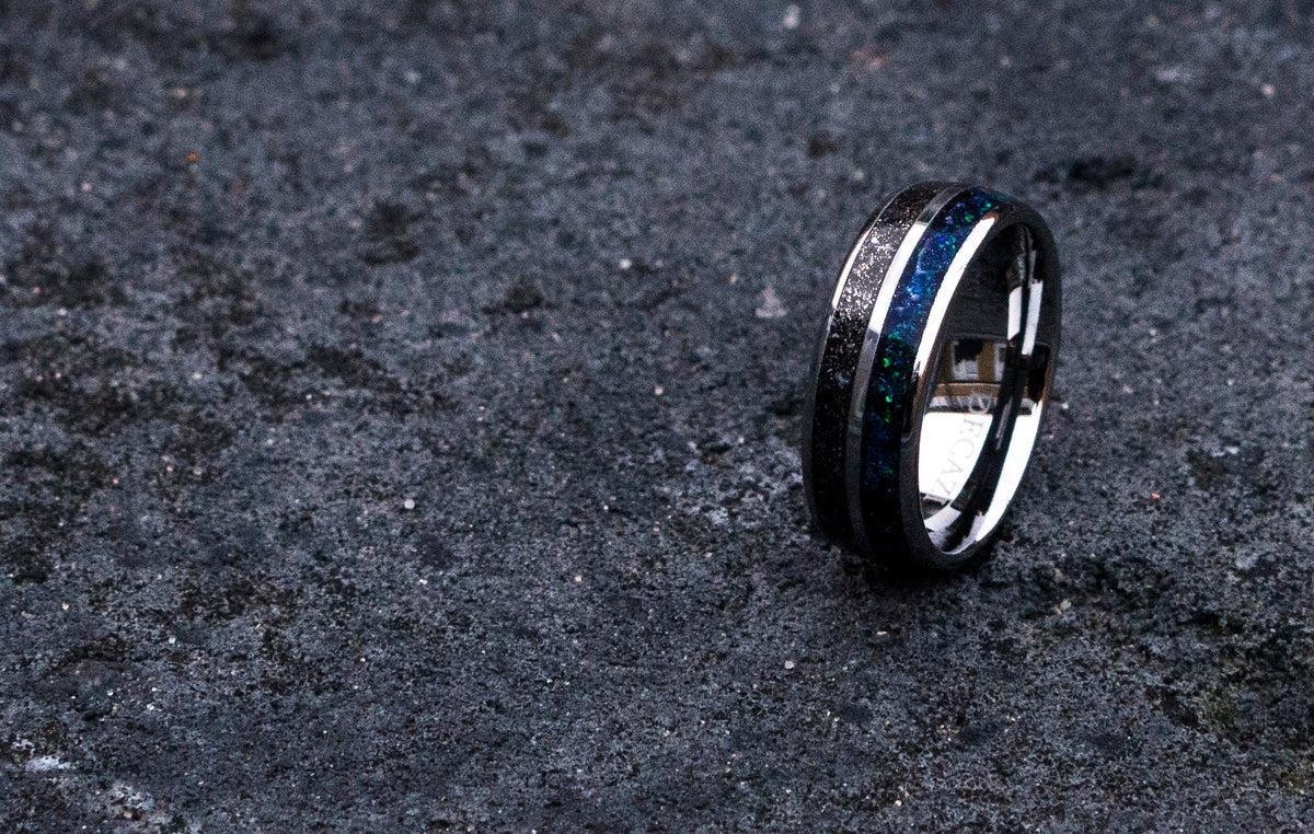 Double Inlay Tungsten Ring, Meteorite Inlay Wedding Band, Unisex Wedding Ring, Galaxy Wedding Band