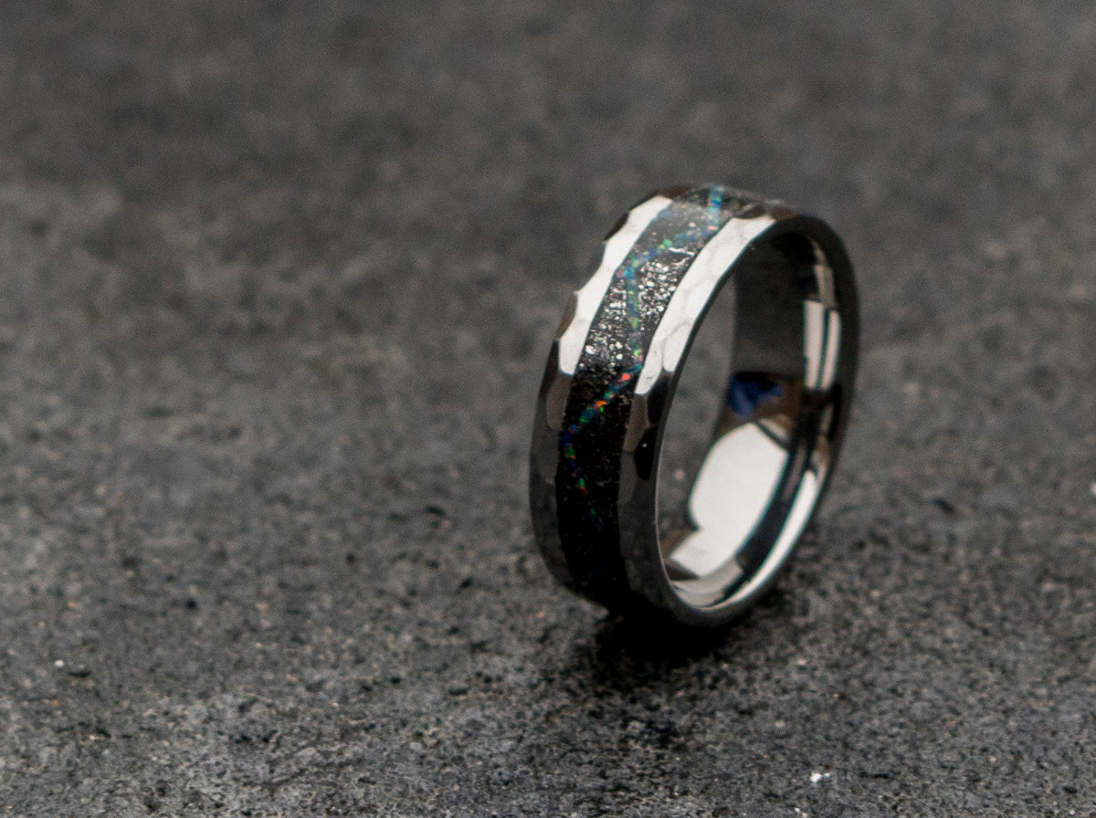 tungsten ring. Meteorite ring. mens wedding band. opal ring. wedding gift. tungsten ring. personalized ring. Galaxy Opal. man opal ring.