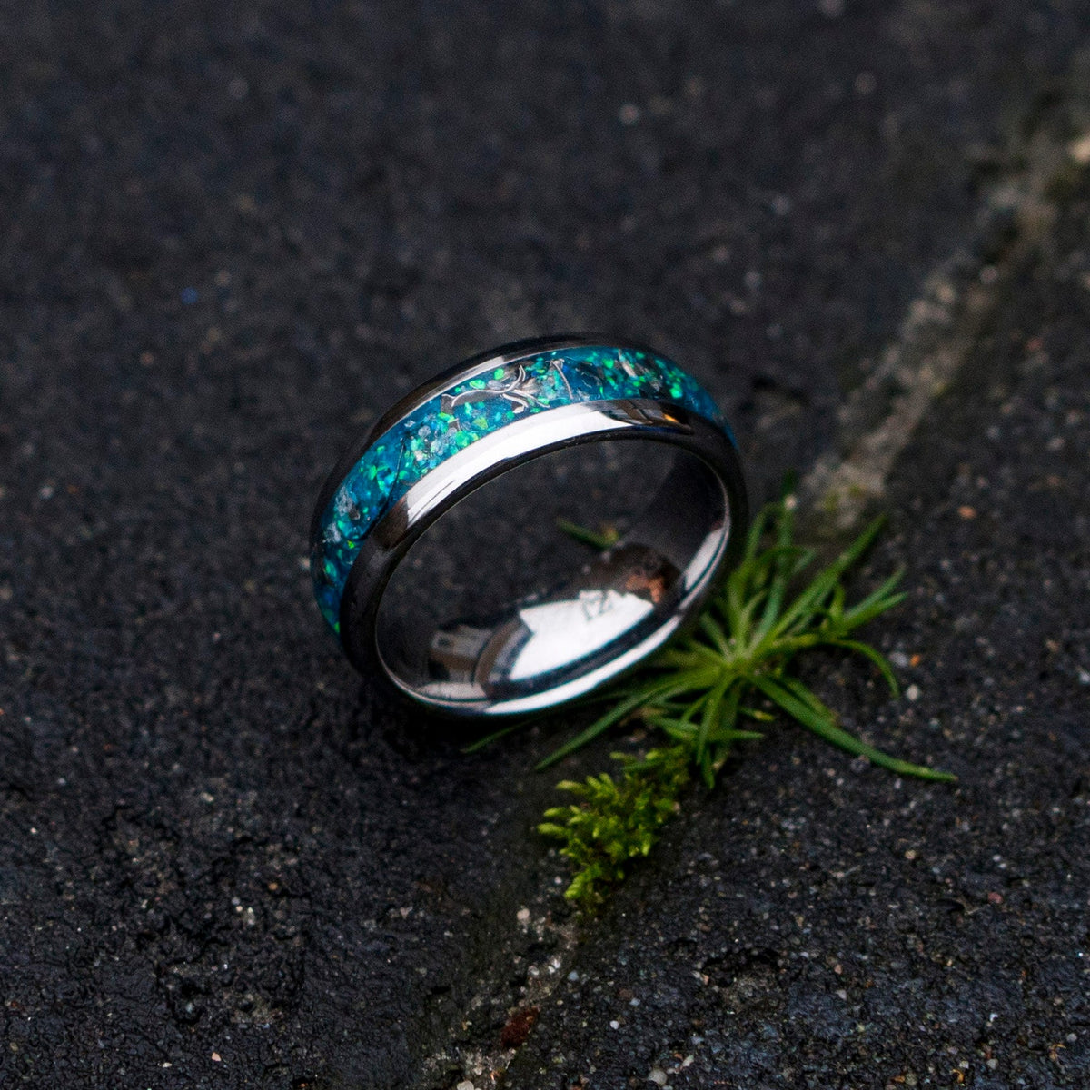 Domed tungsten ring. mens opal ring. Tungsten ring for men. meteorite opal ring. unique opal ring. unique tungsten ring