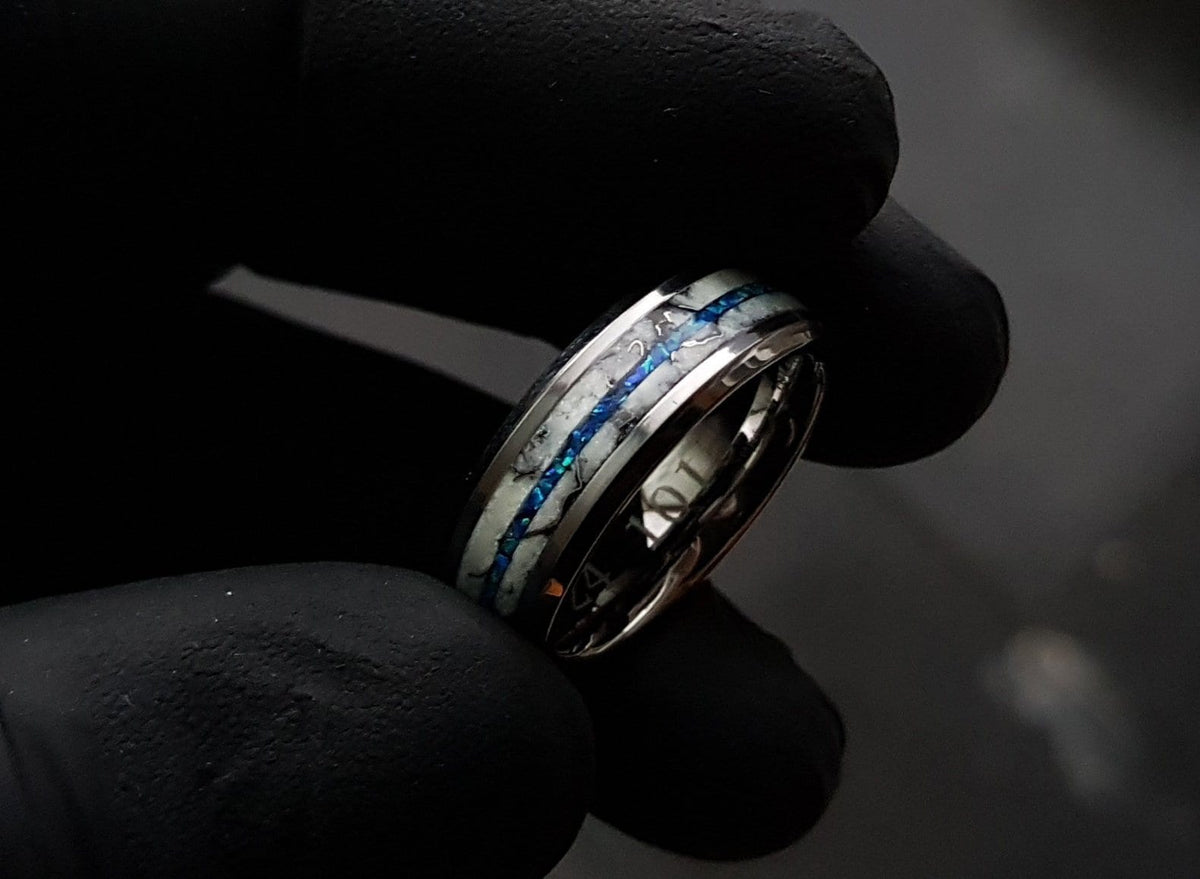 Blue Opal Tungsten Ring with Meteorite, Men's Meteorite Wedding Band, Tungsten Promise Ring, Hammered Ring for Him, Meteorite Jewelry Gift