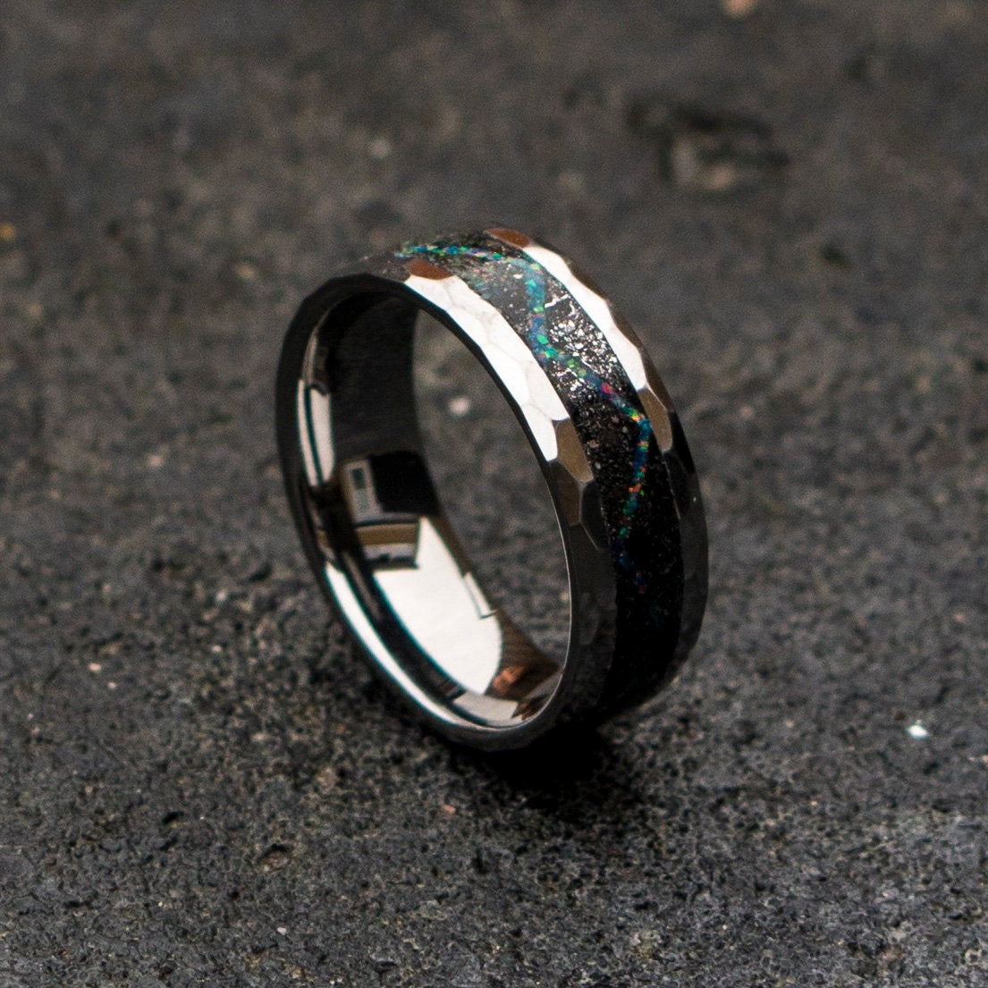 tungsten ring. Meteorite ring. mens wedding band. opal ring. wedding gift. tungsten ring. personalized ring. Galaxy Opal. man opal ring.