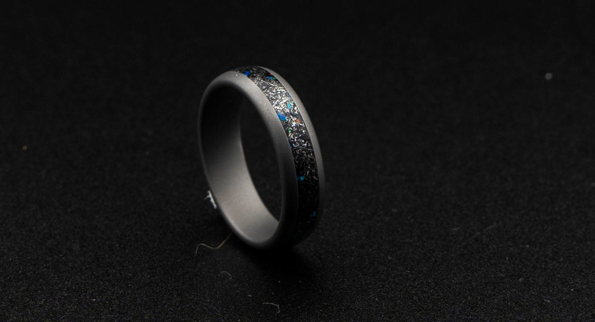 mens meteorite wedding band, galaxy opal ring, red opal, green opal, sandblasted tungsten ring, gunmetal ring, Muonuonalusta meteorite dust.