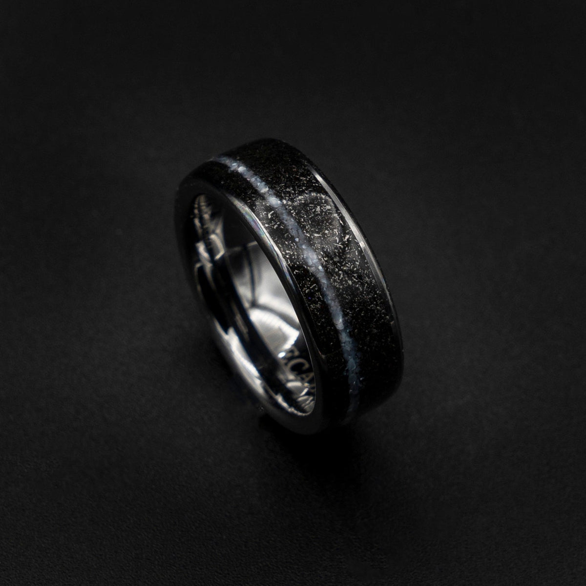 Crushed Pearl Band Ring, Meteorite ring, Black Hammered wedding Ring, Hammered Brushed Band, Mens Ring, black meteor ring, faceted Ring,