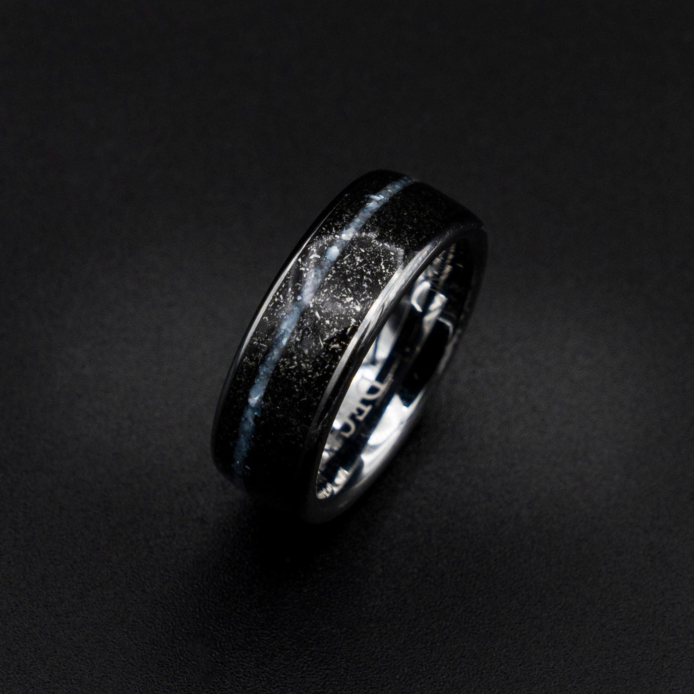Crushed Pearl Band Ring, Meteorite ring, Black Hammered wedding