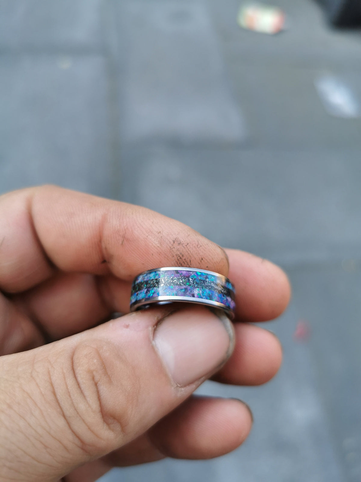 Mens meteorite ring with galaxy opal inlay.