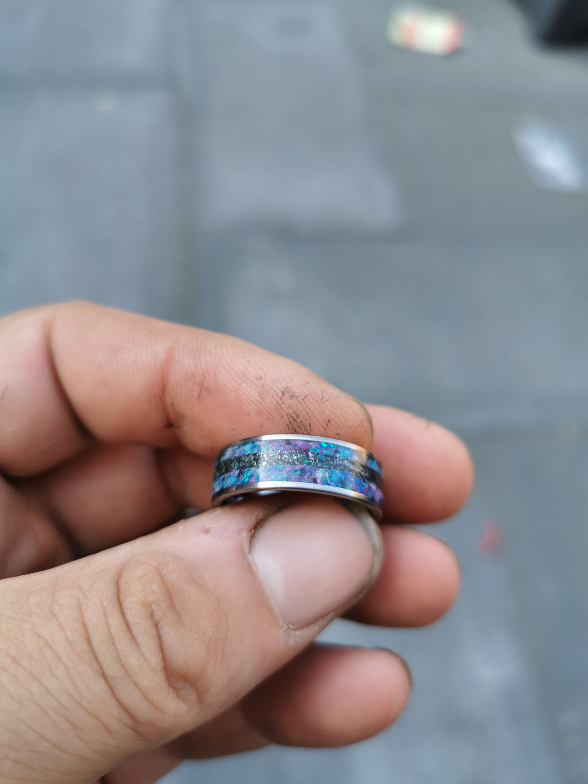Mens meteorite ring with galaxy opal inlay.