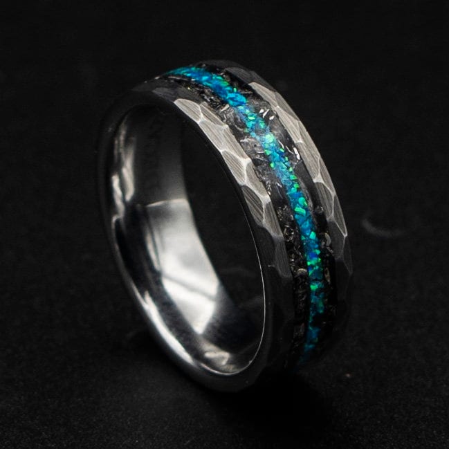 hammered ring, mens wedding band, Galaxy opal ring, man ring, Meteorite ring, Opal wedding ring, engagement ring men, gift for him | Decazi