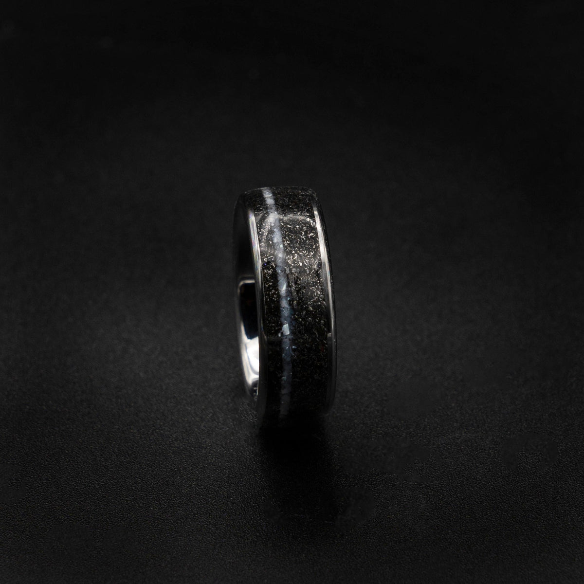 Crushed Pearl Band Ring, Meteorite ring, Black Hammered wedding Ring, Hammered Brushed Band, Mens Ring, black meteor ring, faceted Ring,