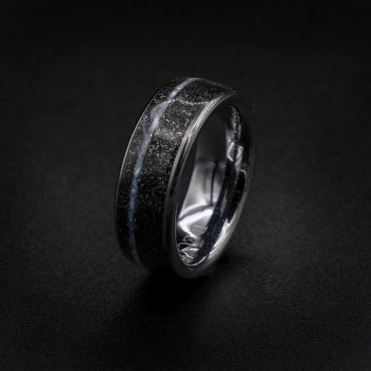 Crushed Pearl Band Ring, Meteorite ring, Black Hammered wedding Ring, Hammered Brushed Band, Mens Ring, black meteor ring, faceted Ring,