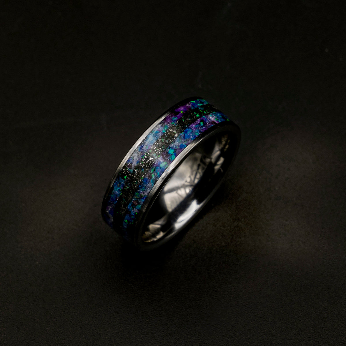 Mens meteorite ring with galaxy opal inlay.