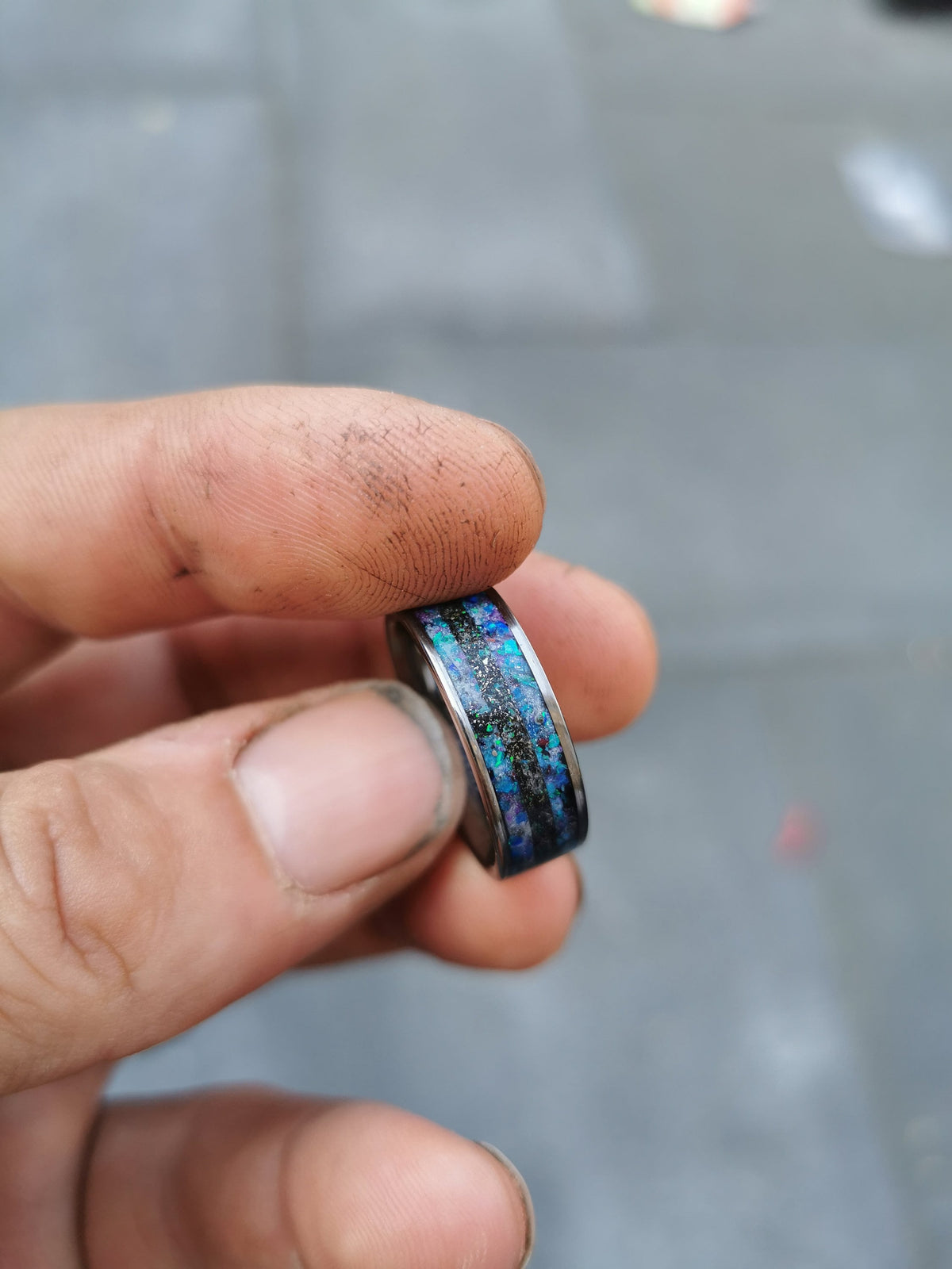 Mens meteorite ring with galaxy opal inlay.