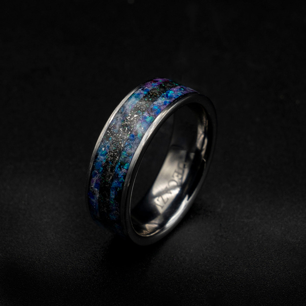 Mens meteorite ring with galaxy opal inlay.