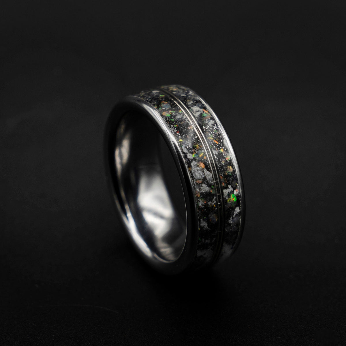 READY TO SHIP meteorite ring, opal ring, Glow in the dark ring, glow ring, Platinum ring, tungsten ring men, Lunar jewelry, meteorite ring