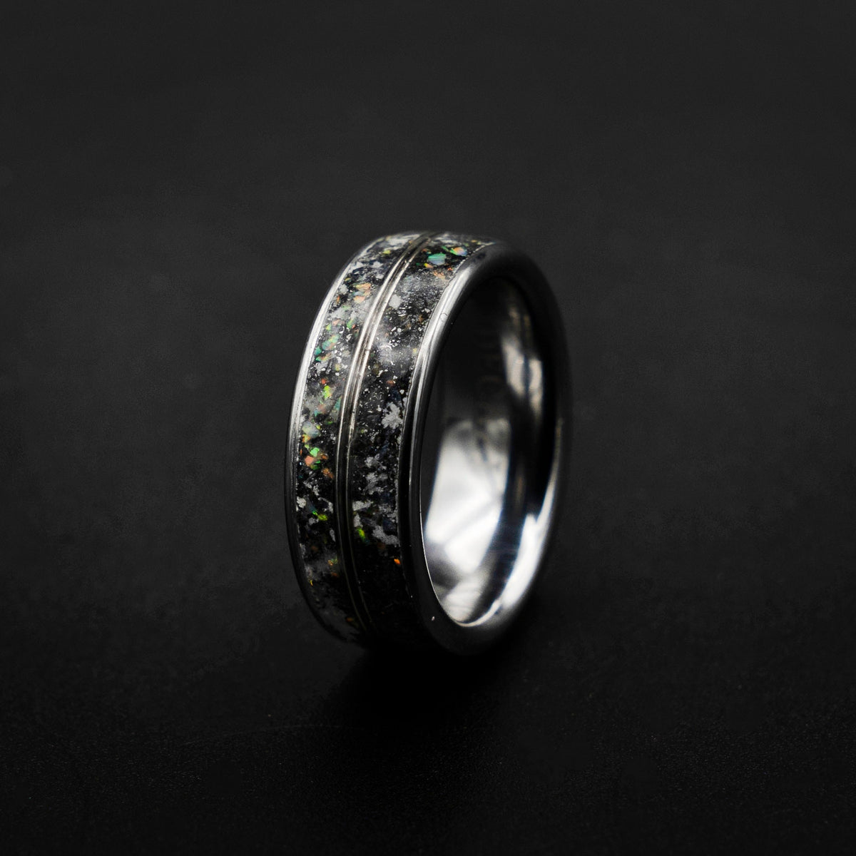 READY TO SHIP meteorite ring, opal ring, Glow in the dark ring, glow ring, Platinum ring, tungsten ring men, Lunar jewelry, meteorite ring