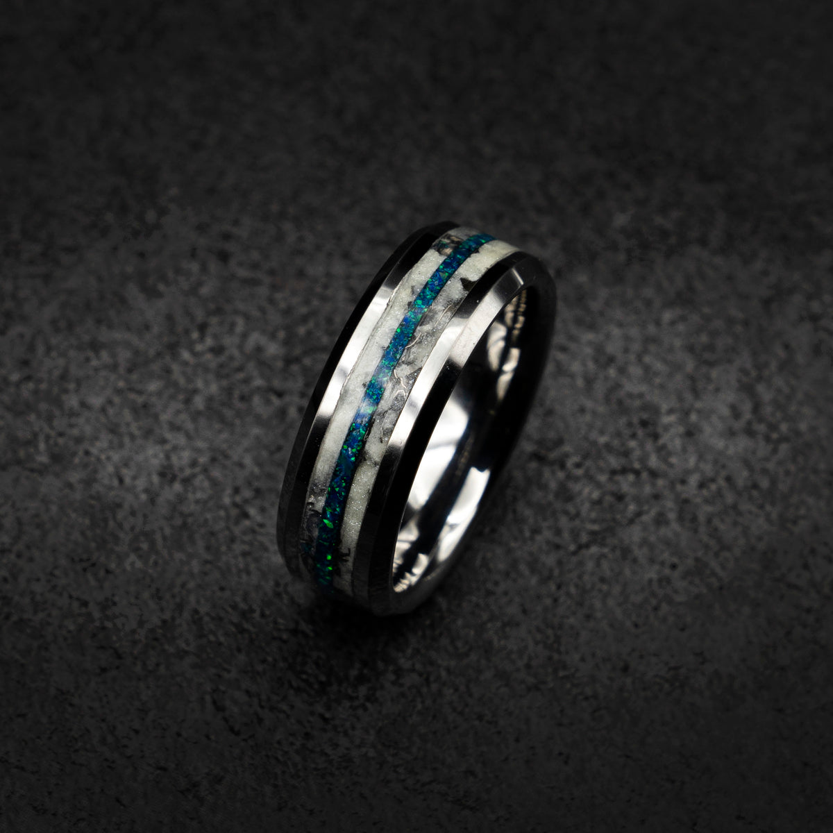 Blue Opal Tungsten Ring with Meteorite, Men's Meteorite Wedding Band, Tungsten Promise Ring, Hammered Ring for Him, Meteorite Jewelry Gift