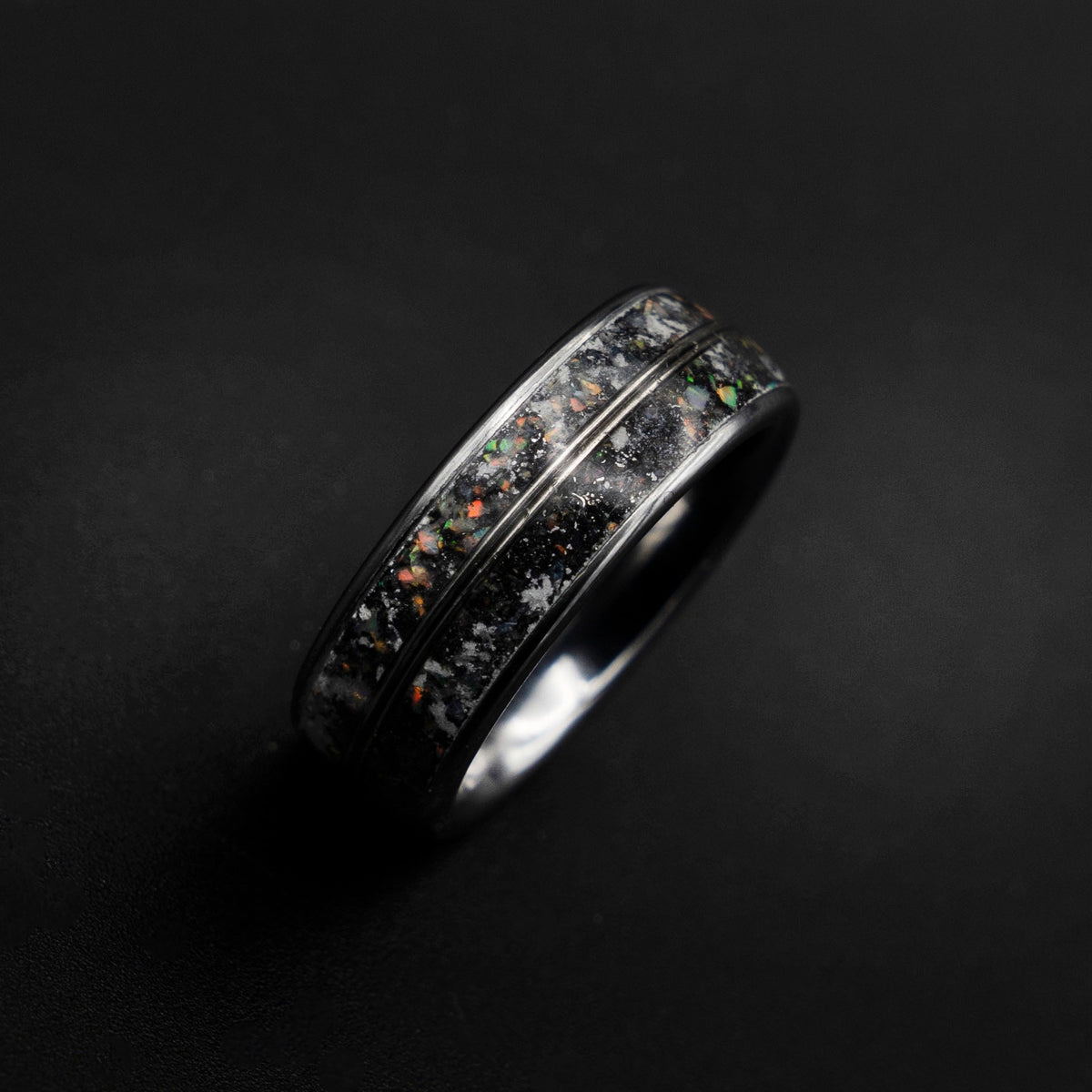READY TO SHIP meteorite ring, opal ring, Glow in the dark ring, glow ring, Platinum ring, tungsten ring men, Lunar jewelry, meteorite ring
