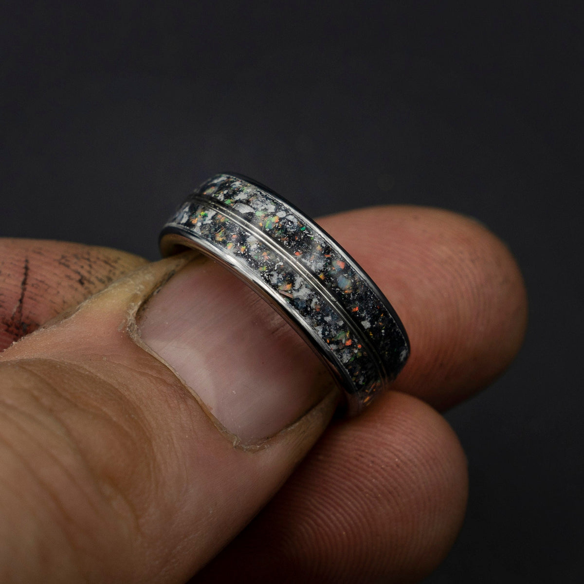 READY TO SHIP meteorite ring, opal ring, Glow in the dark ring, glow ring, Platinum ring, tungsten ring men, Lunar jewelry, meteorite ring