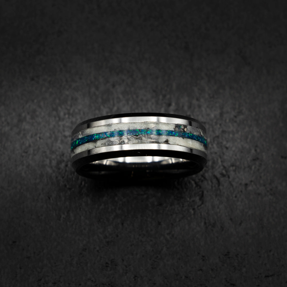Blue Opal Tungsten Ring with Meteorite, Men's Meteorite Wedding Band, Tungsten Promise Ring, Hammered Ring for Him, Meteorite Jewelry Gift