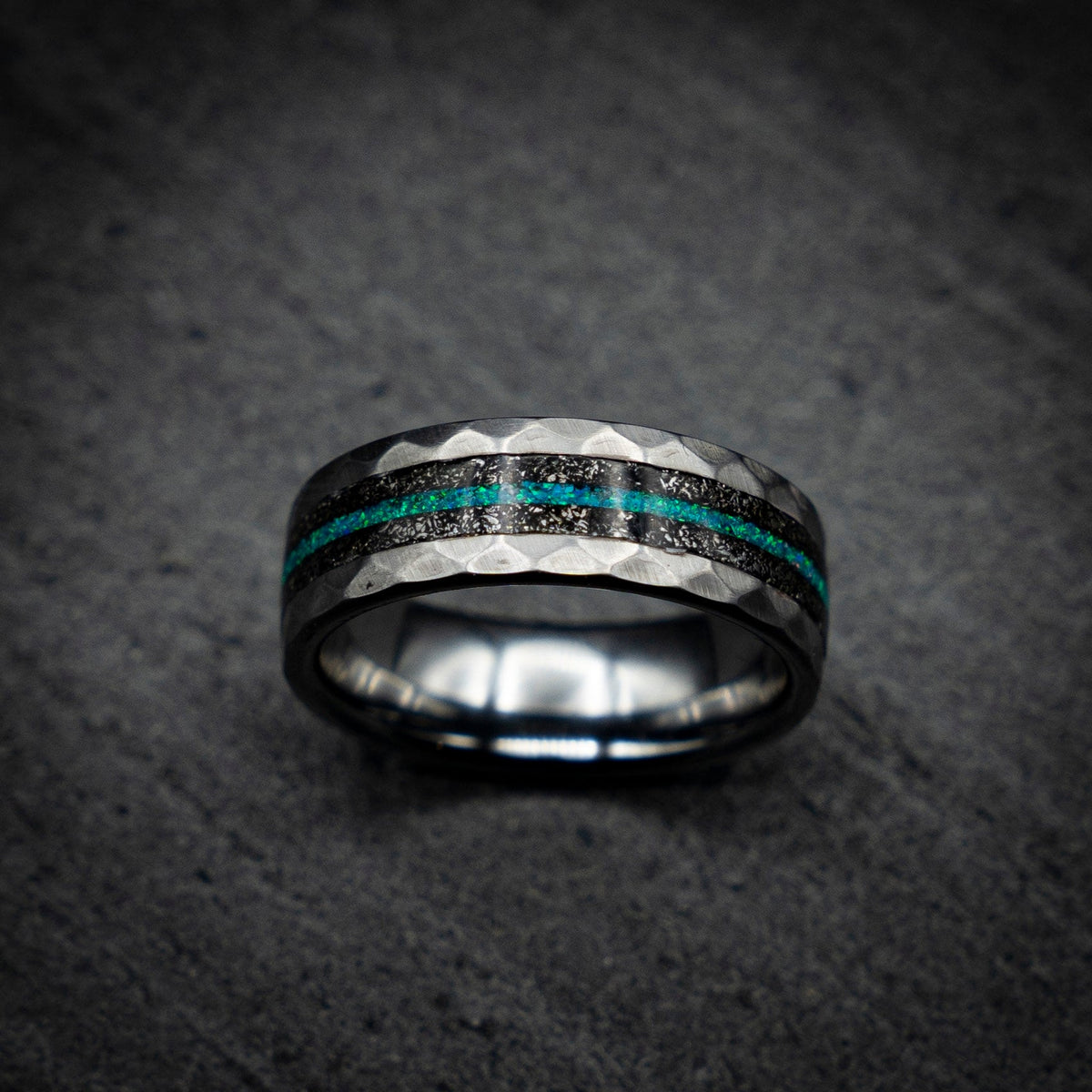Men's Meteorite Tungsten Ring, Unique Wedding Band For Him, Opal Anniversary Ring, Meteorite Engagement Ring for Men, Opal Gemstone Jewelry