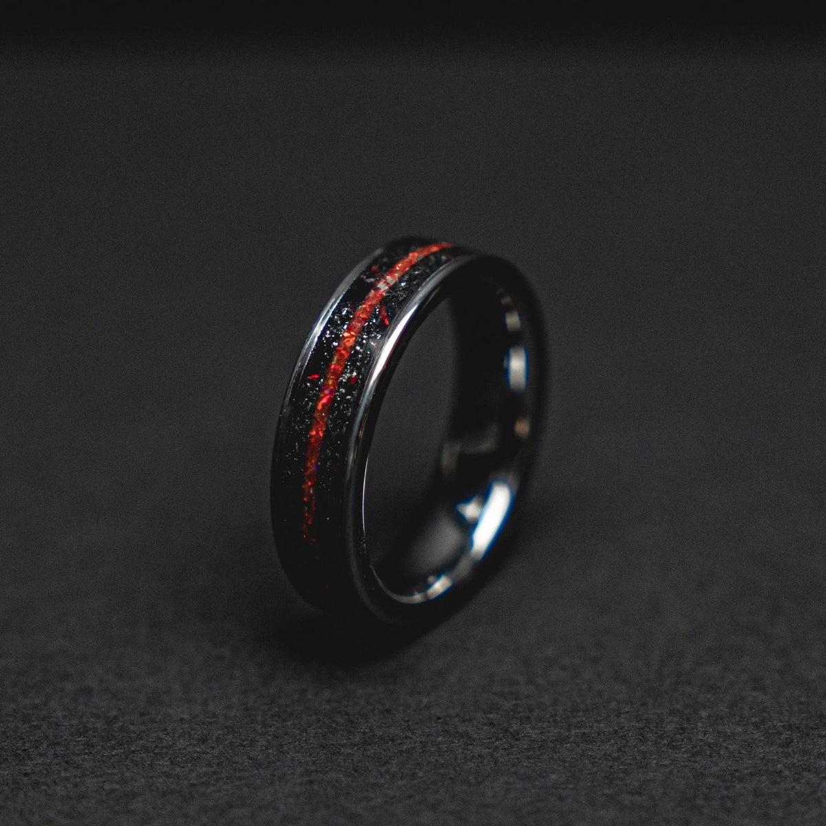 Meteorite tungsten ring men, Red opal ring, mens wedding band, mens ring, wedding band men, 6mm wide ring.