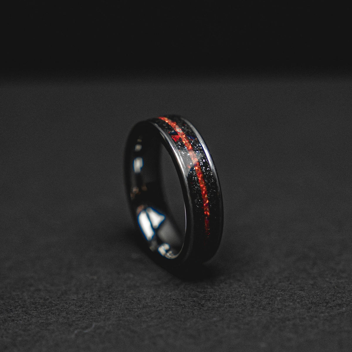 Meteorite tungsten ring men, Red opal ring, mens wedding band, mens ring, wedding band men, 6mm wide ring.