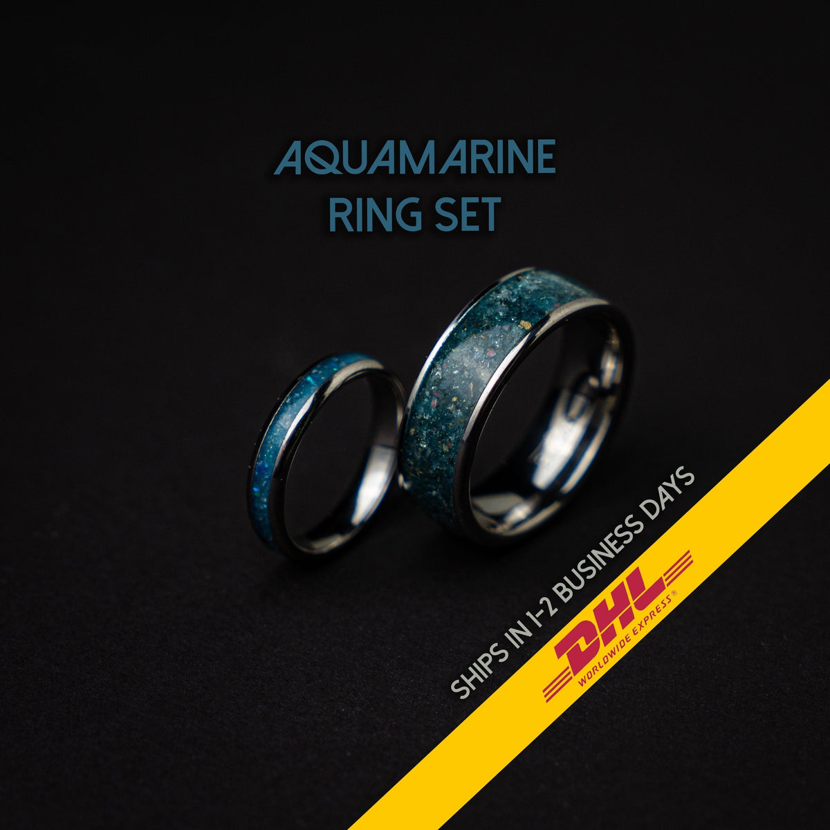 crystal ring set, mens, wedding ring set, aquamarine, matching rings, his and her, couple, ring, dome, comfort fit, polish, gender neutrale - Decazi