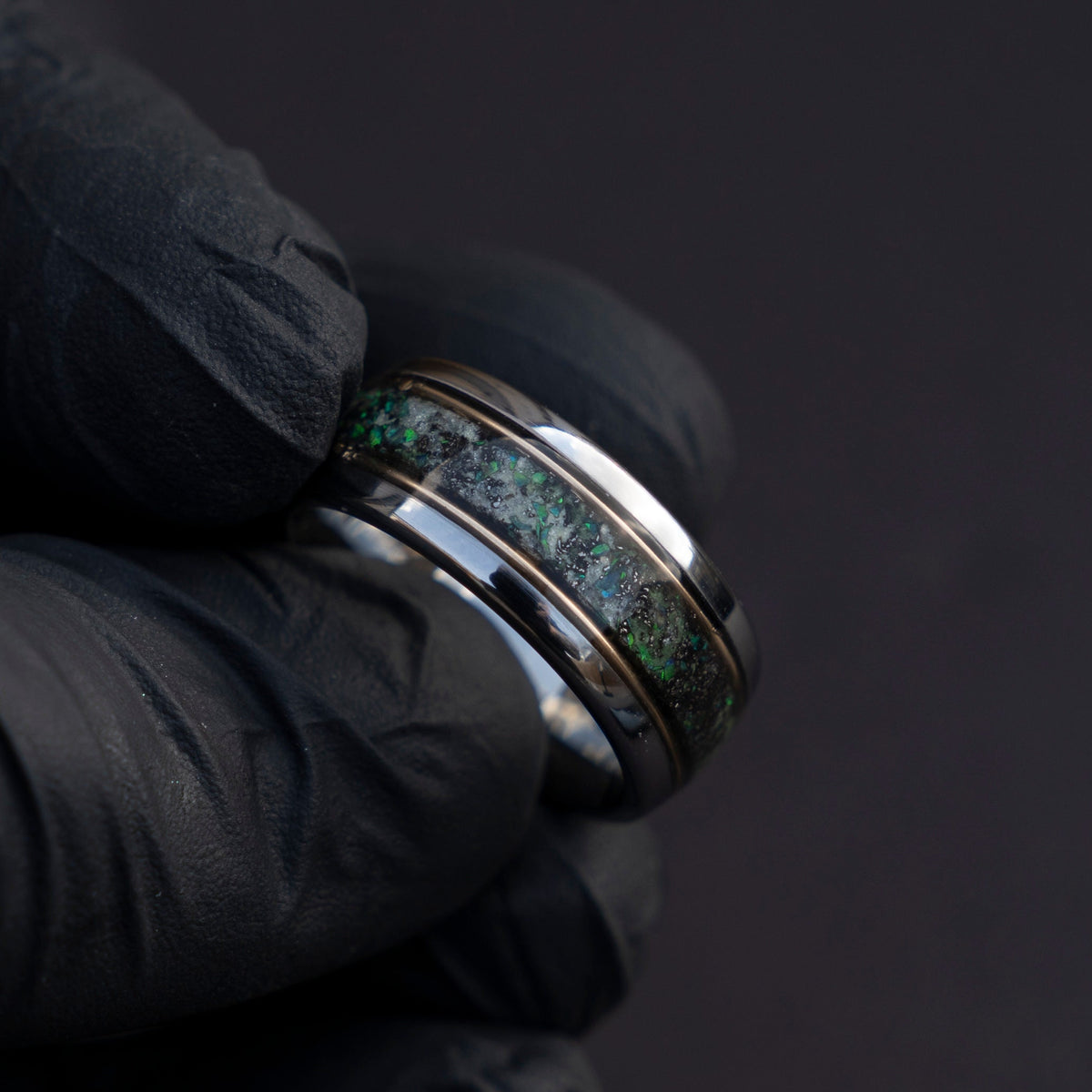 10mm domed green opal glowring, mens wedding band, mens ring, meteorite ring, mens wedding ring, mens engagement ring, meteorite ring men,