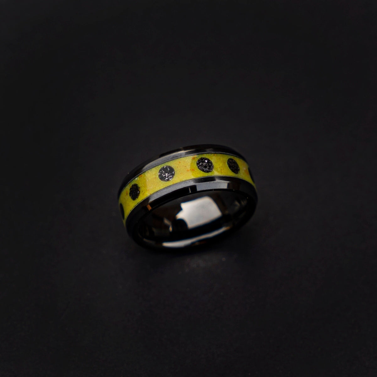 Black ceramic ring, glow in the dark ring, yellow ring, mens wedding band, male engagement ring, mens ring | Decazi
