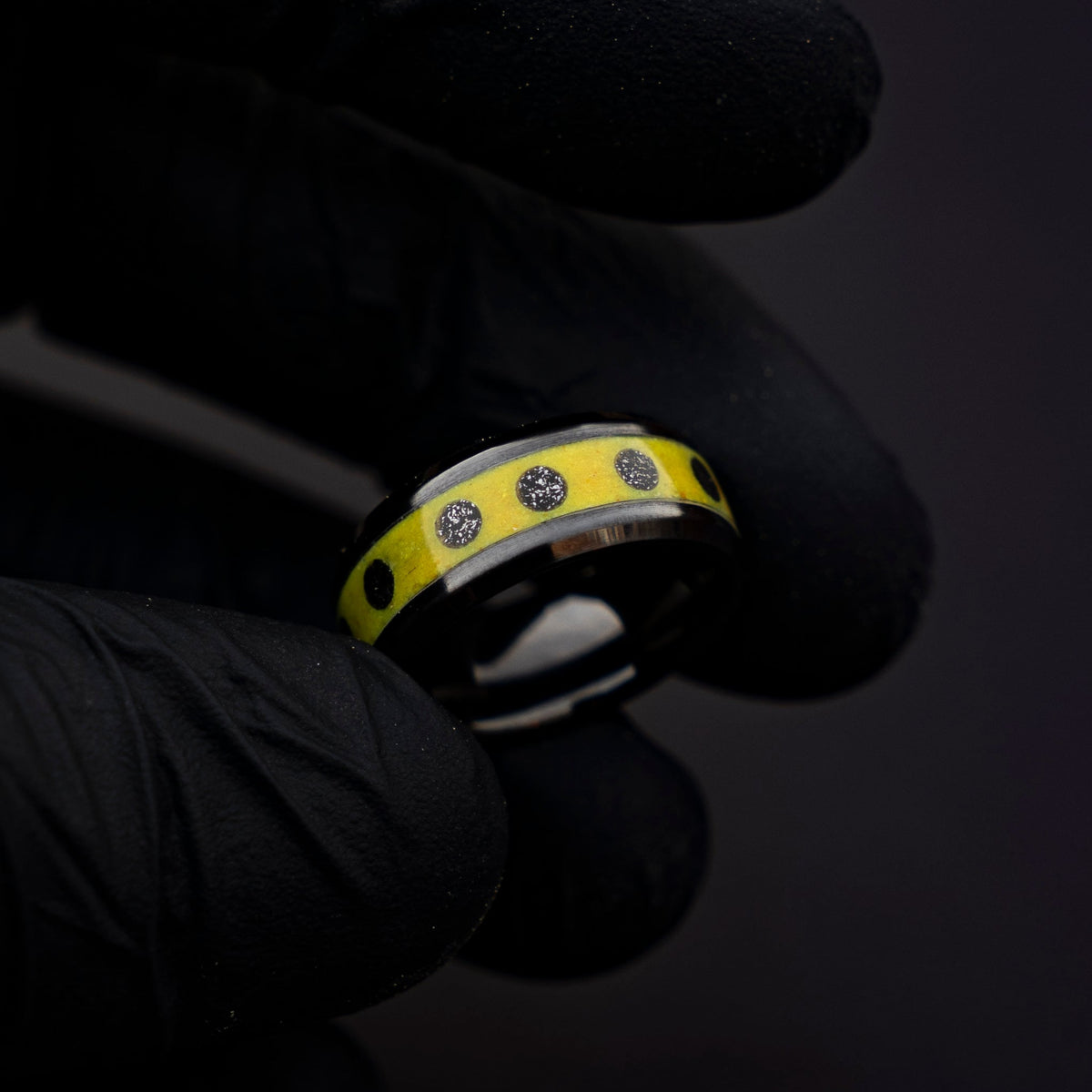 Black ceramic ring, glow in the dark ring, yellow ring, mens wedding band, male engagement ring, mens ring | Decazi