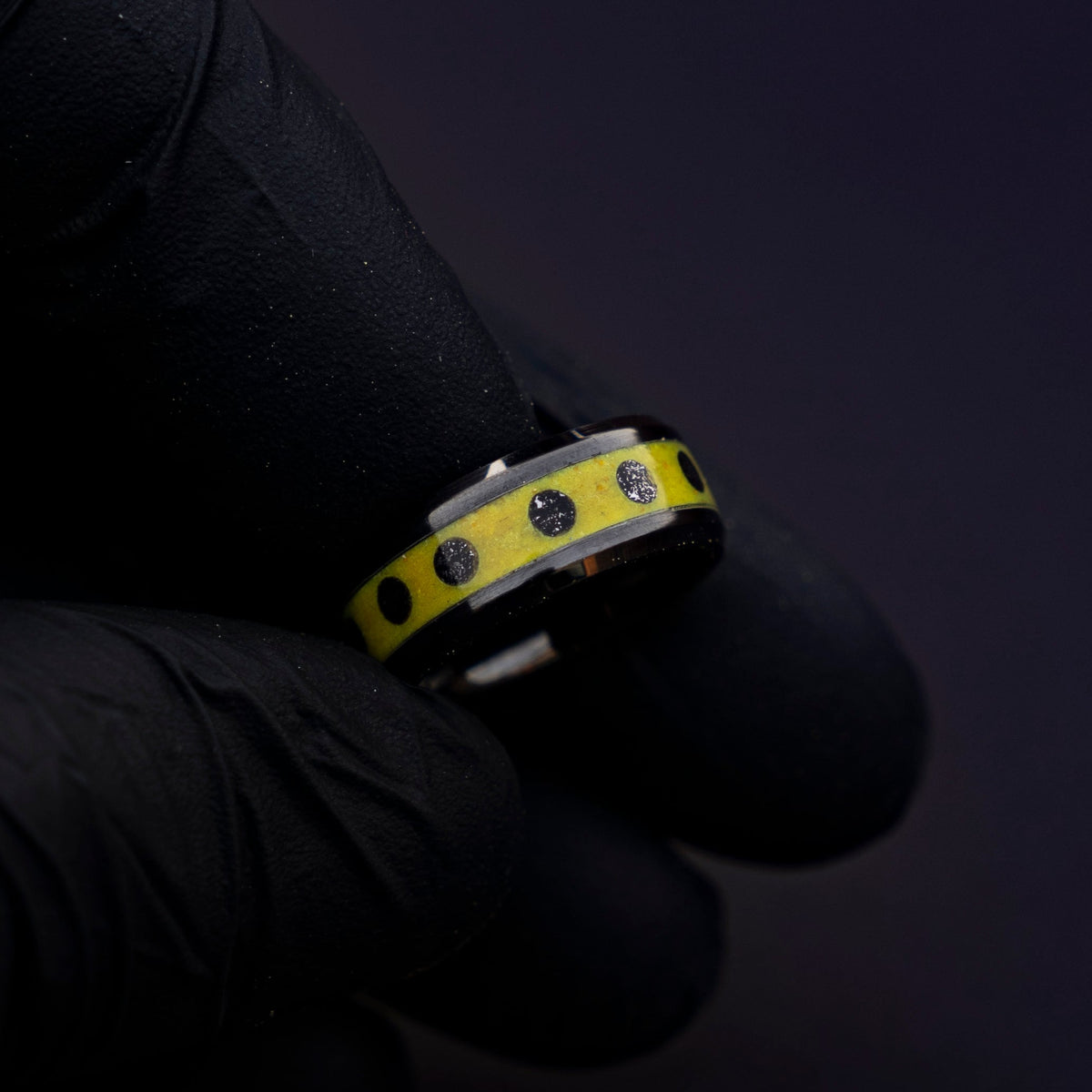 Black ceramic ring, glow in the dark ring, yellow ring, mens wedding band, male engagement ring, mens ring | Decazi